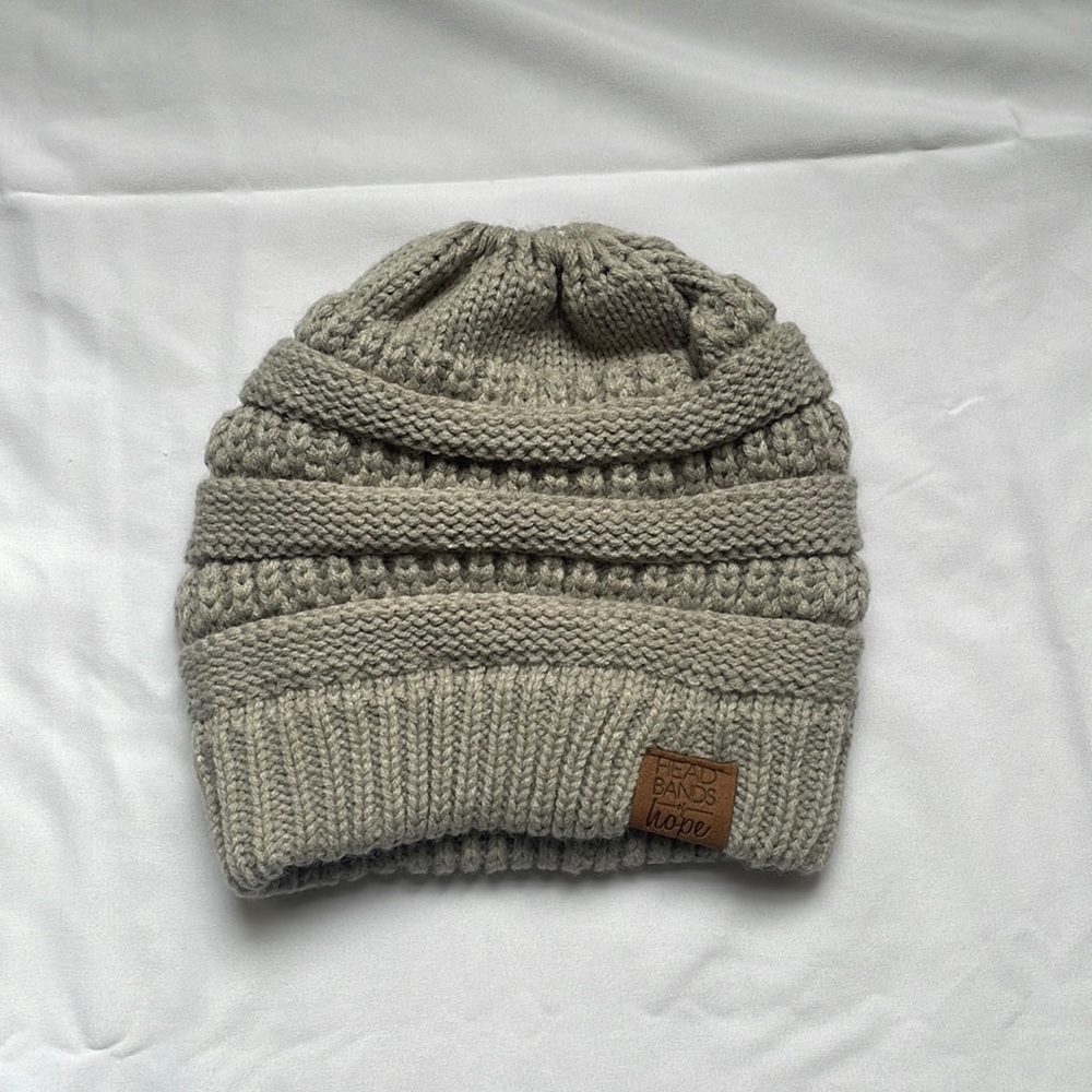 Cozy Grey Beanie Hat with Hole in the top to fit a Ponytail